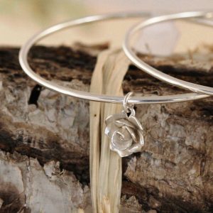 silver rose charm on a 2mm wire bangle