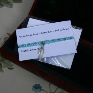 Silver feather charm on a length of turquoise striped cord