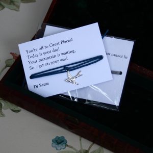 Silver swift charm on waxed cotton cord and a quote card